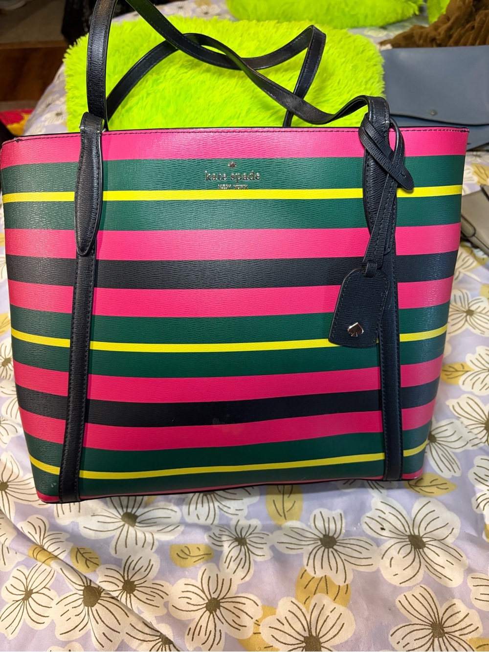 kate spade pink, green & yellow striped leather tote